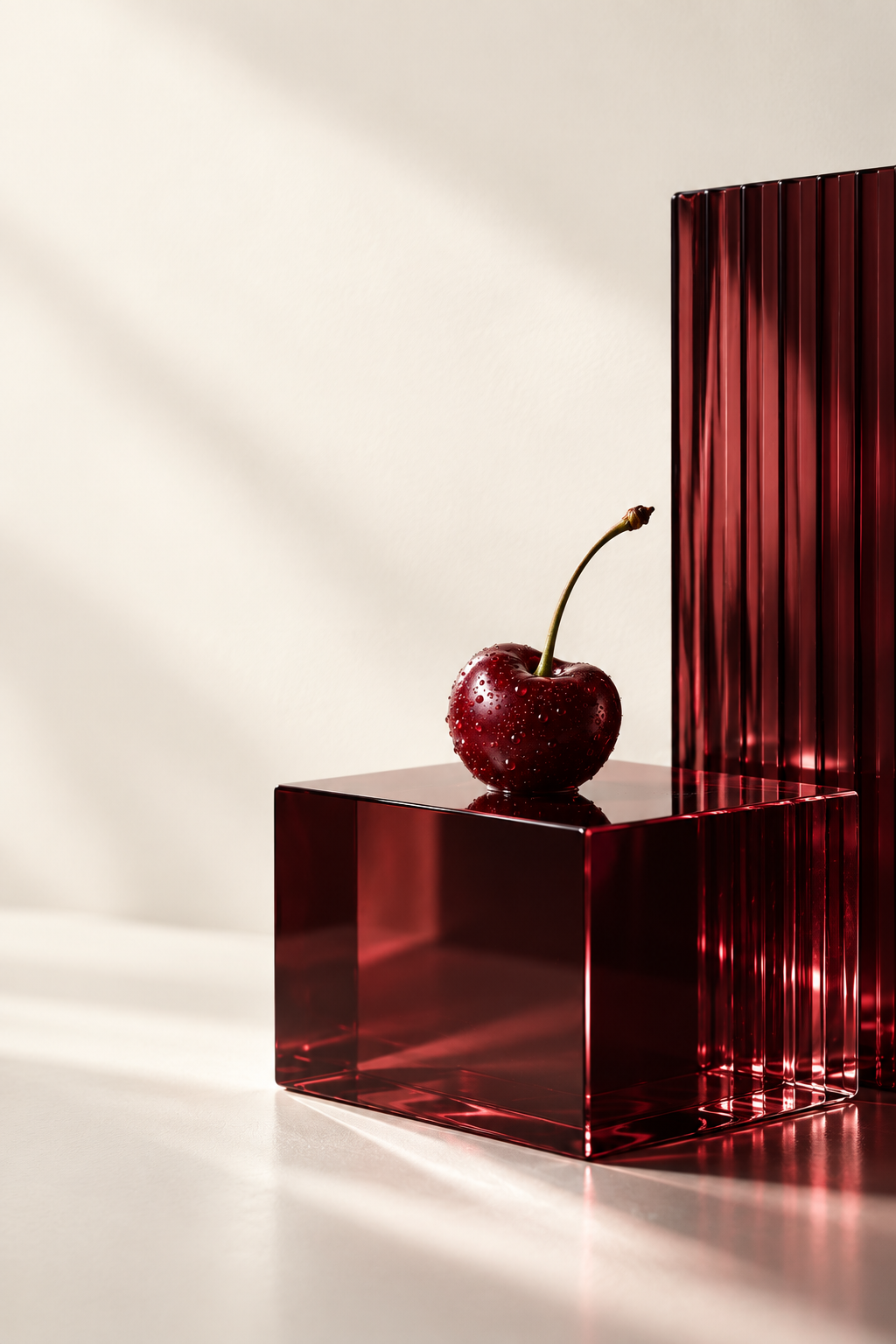 Wiśnia na transparentnym burgundowym szkle w jasnym studio