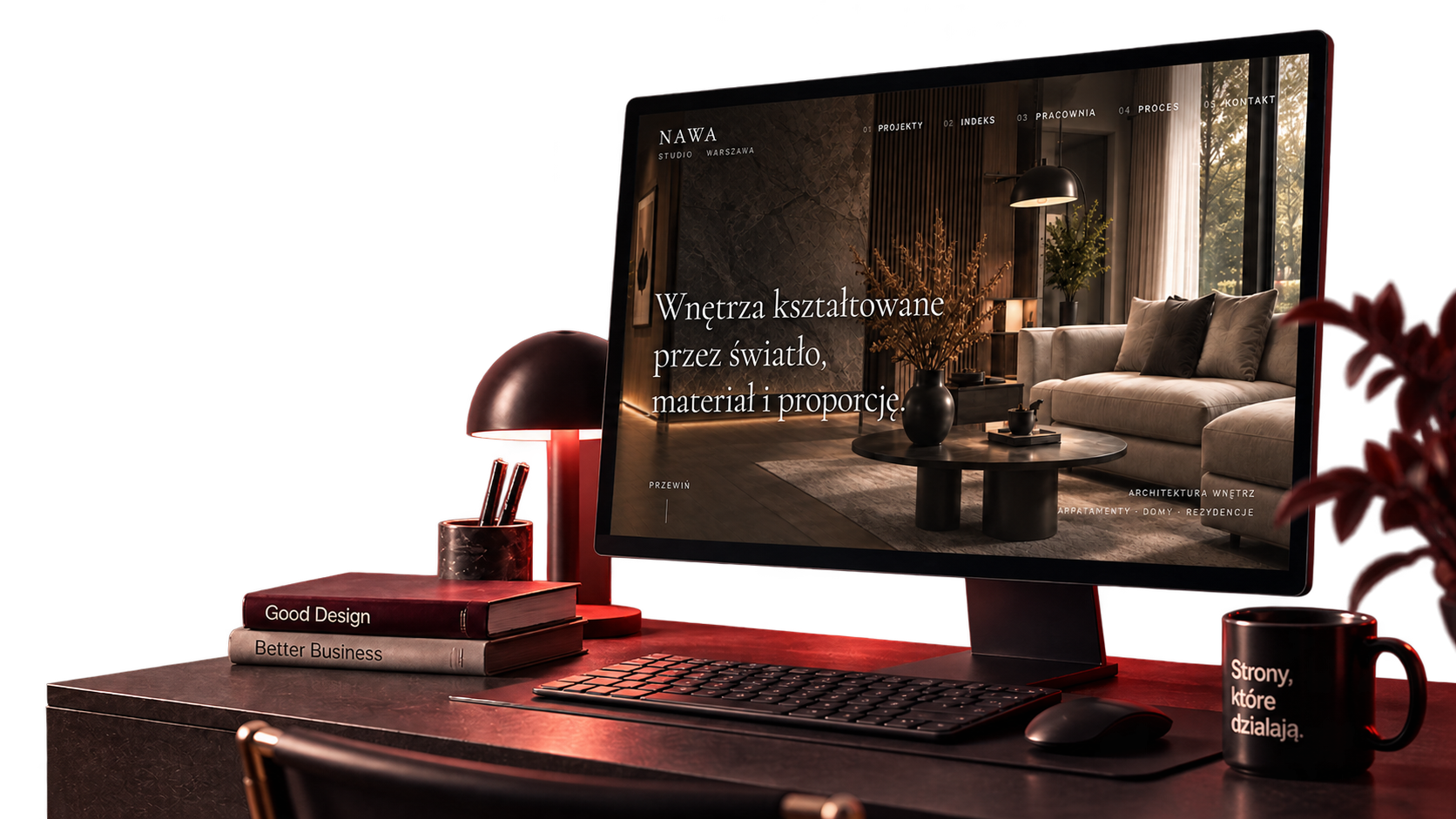 Studio CherryDev z projektem wnętrz Studio Nawa wyświetlonym na monitorze